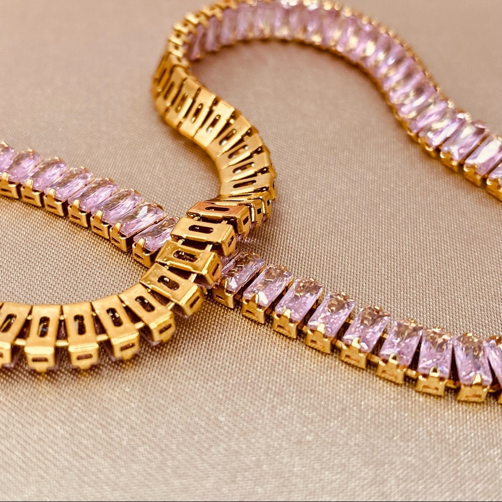 18K Gold Baguette Pastel Pink High Polished Zircon Choker Necklace - Picture 3 of 10